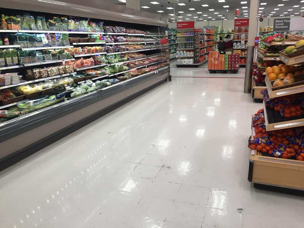 Produce section at Target with fresh fruits and vegetables. 