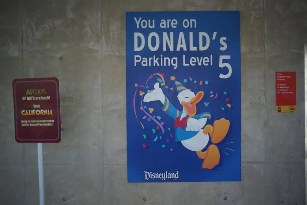 Disneyland parking garage sign with Donald Duck, parking level 5.