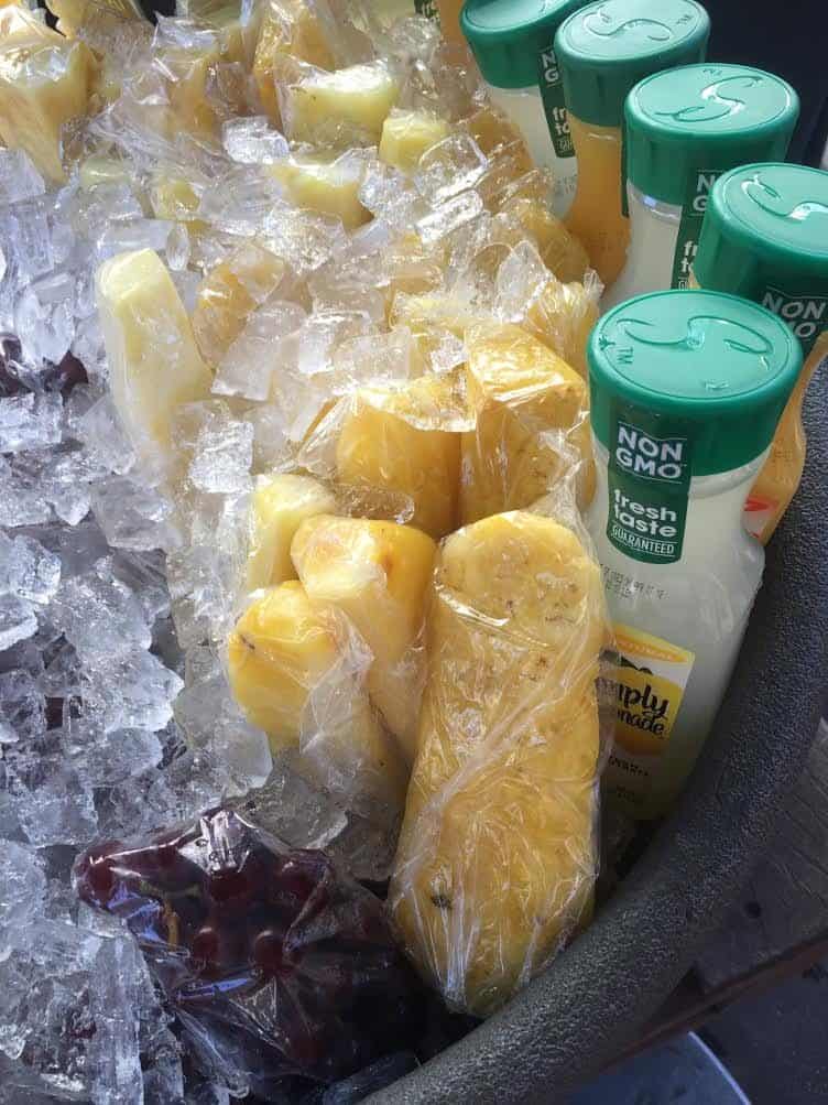 Fresh pineapple spears, red grapes and lemonade in ice bath at Disneyland Park. 