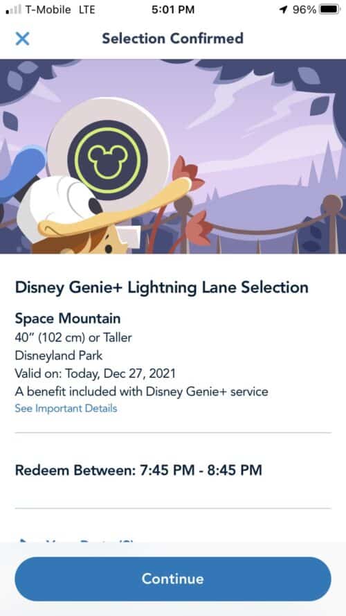 Disney Genie Lightning Lane selection